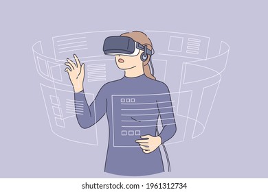 Virtual reality and high technologies concept. young woman wearing 3d glasses playing with virtual reality touching air with fingers vector illustration 