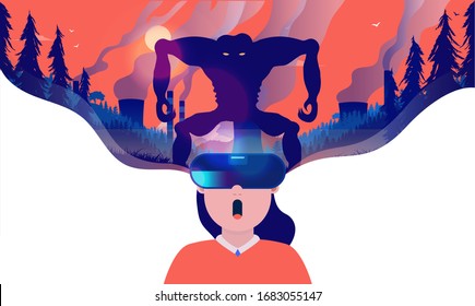 Virtual reality horror - Woman using VR headset to get scared. Scary monster in a apocalyptic landscape and red sky. Video game, entertainment and technology concept.