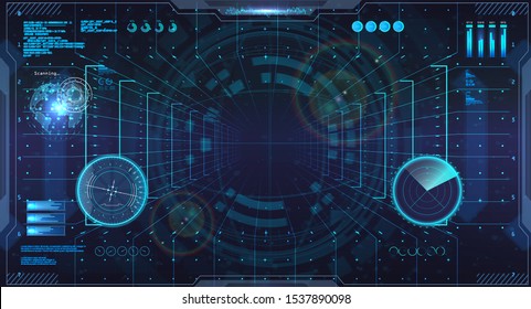 Virtual reality in HUD style. Sky-fi helmet with Futuristic User Interface. VR view. Head up display, cockpit command center. HUD VR concept. GUI design for video games. Vector illustration