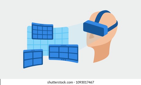 Virtual reality of human having VR helmet put on head and screens in front of male eyes. Set of digital squares allowing to see things differently vector illustration