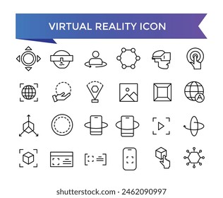 Virtual reality icon collection. Related to VR, augmented reality, headcollection, immersive, mixed reality, AR, 360 degree and more. Line vector icons set.