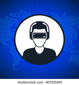 Virtual reality icon, men with glasses and headset in cyberspace