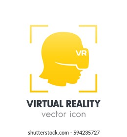 virtual reality icon on white, girl in VR headset, vector illustration