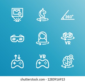 Virtual reality icon set and 360 angle with gamer technology, vr chess game and ar health. 3d glasses related virtual reality icon vector for web UI logo design.