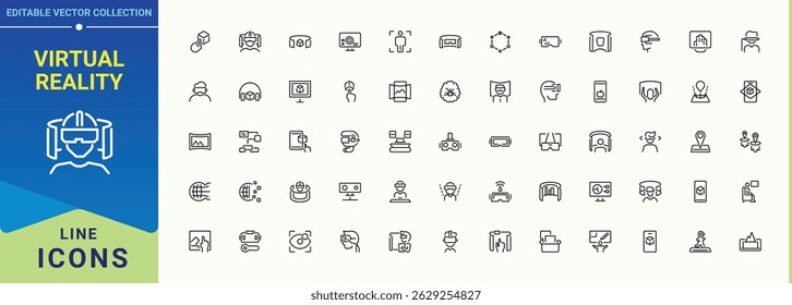 Virtual Reality icon set. 3D icon set. Outline symbol collection. Contains such symbols as reality, panoramic, ar, simulation, 3d and more. Vector illustration in modern line style.