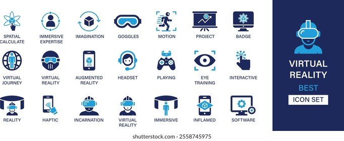 Virtual Reality icon set collection. Spatial, immersive expertise, goggles, motion, project, badge, haptic, playing and  best solid icon set. 