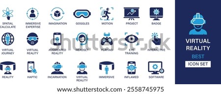 Virtual Reality icon set collection. Spatial, immersive expertise, goggles, motion, project, badge, haptic, playing and  best solid icon set. 