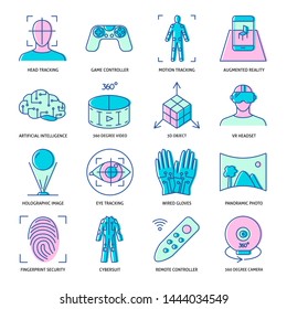 Virtual reality icon set in colored linear style. Modern computer technology symbols collection. Vector illustration with editable stroke.