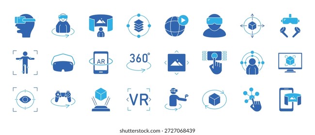 Conjunto de iconos de realidad virtual. Contiene VR, realidad aumentada, auriculares, inmersivo, realidad mixta, AR, 360 grados, juegos de VR y más. Colección de iconos de vectores sólidos. eps 10