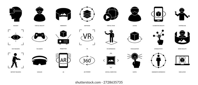 Virtual reality icon set. Containing VR, augmented reality, headset, immersive, mixed reality, AR, VR experience, mixed reality and more. Solid vector icons collection, eps 10.