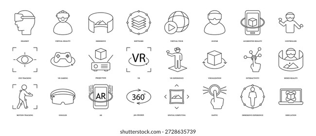 Virtual reality icon set. Containing VR, augmented reality, headset, immersive, mixed reality, AR, VR experience, mixed reality and more. Solid vector icons collection, eps 10.