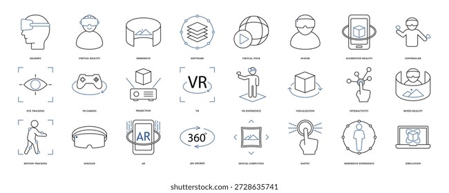 Virtual reality icon set. Containing VR, augmented reality, headset, immersive, mixed reality, AR, VR experience, mixed reality and more. Solid vector icons collection, eps 10.