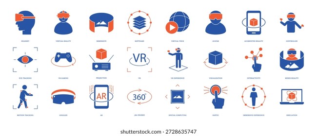 Virtual reality icon set. Containing VR, augmented reality, headset, immersive, mixed reality, AR, VR experience, mixed reality and more. Solid vector icons collection, eps 10.