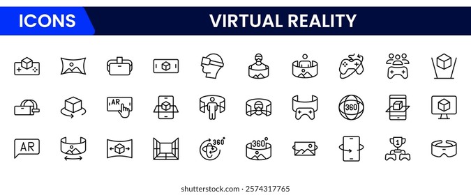 Virtual reality icon set. It contains VR, augmented reality, headset, immersive, mixed reality, AR, 360-degree, and more. Solid vector icons collection.