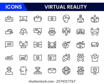 Virtual reality icon set. It contains VR, augmented reality, headset, immersive, mixed reality, AR, 360-degree, and more. Solid vector icons collection.