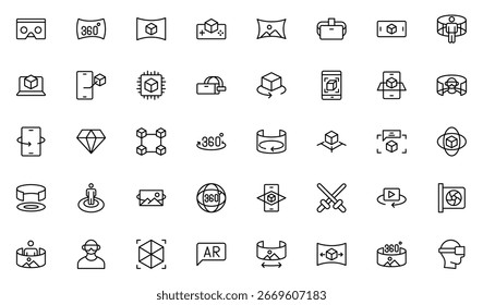 Virtual reality icon set. It contains VR, augmented reality, headset, immersive, mixed reality, AR, 360-degree, and more. Thin outline icons pack. Vector illustration. editable stroke