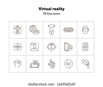 Virtual reality icon set. Cube in hand, man in VR glasses, eye scanner. Virtual reality concept. Vector illustration can be used for topics like VR, modern technologies, inventions