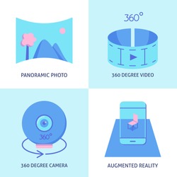 Virtual Reality Icon Set In Flat Style. Modern Technology Symbols Collection Including Panorama, 360 Degree Video And Camera, Augmented Reality. Vector Illustration.