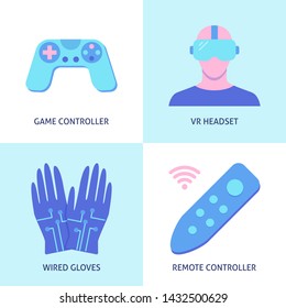 Virtual reality icon set in flat style. Modern technology symbols collection including headset, game controller, wired gloves. Vector illustration.