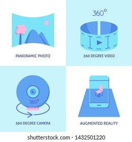 Virtual reality icon set in flat style. Modern technology symbols collection including panorama, 360 degree video and camera, augmented reality. Vector illustration.