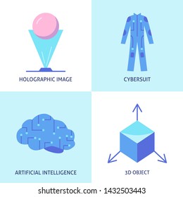 Virtual reality icon set in flat style. Modern technology symbols collection including holografic image, 3d modeling, artificial intelligence and cybersuit. Vector illustration.