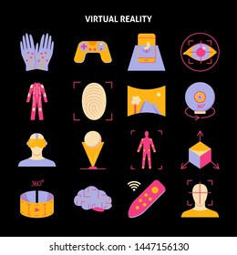 Virtual reality icon set in flat style. Modern computer technology symbols collection on black background. Vector illustration.