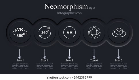 Virtual reality icon set. Horizons, games, VR 360 helmet, scrolling, inspection. Neomorphism style. Vector line icon for business and advertising