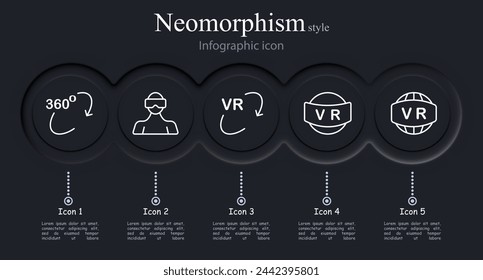 Conjunto de iconos de realidad virtual. Horizons, desplazamiento, casco VR 360, juegos, inspección. Estilo neomorfista. Icono de línea vectorial para negocios y publicidad