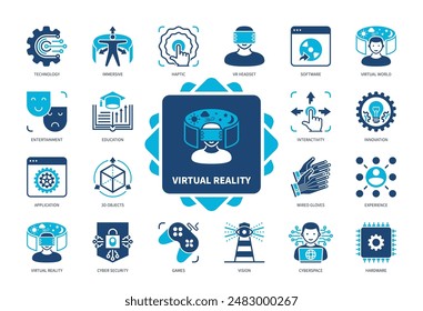 Virtual Reality icon set. Immersive, Haptic, Technology, Wired Gloves, Cyberspace, Experience, Cybersecurity, Interactivity. Duotone color solid icons