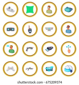 Virtual reality icons circle gold in cartoon style isolate on white background vector illustration