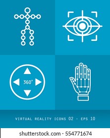 Virtual Reality Icons Series, Flat 2.0 Design - Simple Line Art with rotation,  circles, arrows and cubes smartphone, headsets, gloves