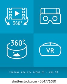 Virtual Reality Icons Series, Flat 2.0 Design - Simple Line Art with rotation,  circles, arrows and cubes smartphone, headsets, gloves