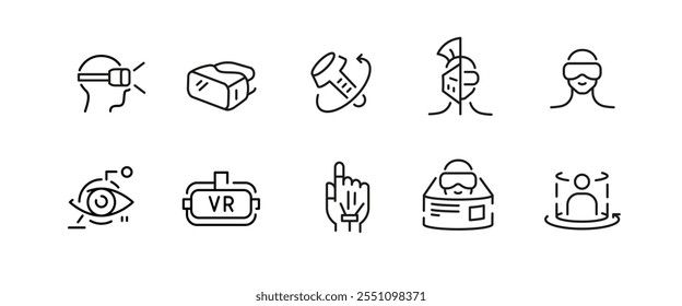 Virtual Reality-Symbole. Set von 10 Virtual Reality trendigen minimalen Icons. VR-Headset, AR-Brille, 360-Ansicht, Simulationssymbol. Designschilder für Webseite, mobile App, Verpackungsdesign. Vektorgrafik