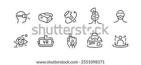 Virtual Reality icons. Set of 10 virtual reality trendy minimal icons. VR headset, AR goggles, 360 view, simulation icon. Design signs for web page, mobile app, packaging design. Vector illustration