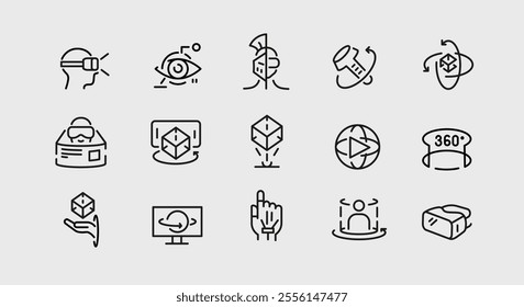 Virtual Reality icons. Set of 15 virtual reality trendy minimal icons. VR headset, AR goggles, 360 view, simulation icon. Design signs for web page, mobile app, packaging design. Vector illustration