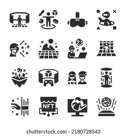 Virtual reality icons set. Digital space. Immersion in virtual space, web technology in the virtual world. Digital communication, games and interaction, equipment. Monochrome black and white icon