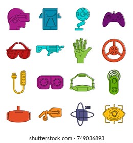 Virtual reality icons set. Doodle illustration of vector icons isolated on white background for any web design