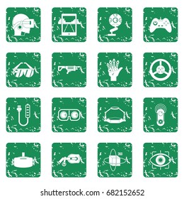 Virtual reality icons set in grunge style green isolated vector illustration