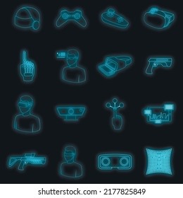Symbol für virtuelle Realität gesetzt. Illustration von 16 virtuellen Reality-Vektorsymbol neonfarben auf Schwarz