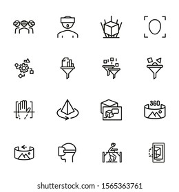 Virtual Reality Icons. Set Of Line Icons. VR Glasses, Face Scanning, Sales Funnel. Computer Reality Concept. Vector Illustration Can Be Used For Topics Like Technology, Computers, Gaming