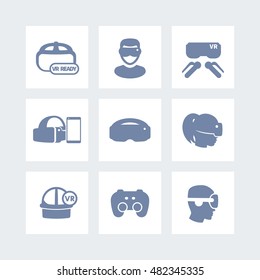 virtual reality icons set, man in VR headset, vr ready sign