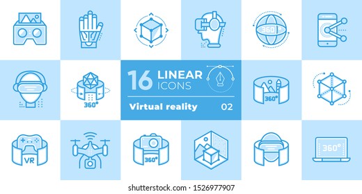 Iconos de realidad virtual establecidos. Realidad mejorada en tecnología, VR móvil. Adecuado para banners, aplicaciones móviles, sitios web, interfaces