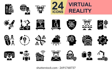 Virtual Reality Icons set vector illustration. Containing Virtual World, Future Space, Smart Factory, 3D Printing, Digital Cloud and more. Simple glyph icons collection.