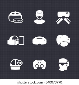 virtual reality icons set, VR ready, glasses, games, vector illustration