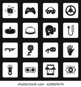Virtual reality icons set in white squares on black background simple style vector illustration
