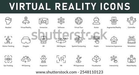 Virtual reality Icons vector illustration with thin line editable stroke contains headset immersive avatar augmented reality controller motion tracking visualization VR experience projection