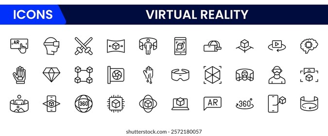 Virtual reality Icons vector illustrations with thin line contain headsets, immersive, avatar, augmented reality, controller, motion tracking, visualization, VR experience, projection.