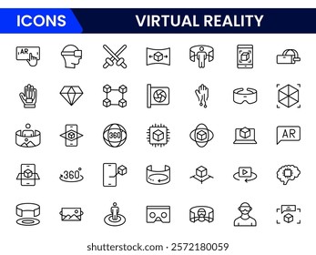 Virtual reality Icons vector illustrations with thin line contain headsets, immersive, avatar, augmented reality, controller, motion tracking, visualization, VR experience, projection.