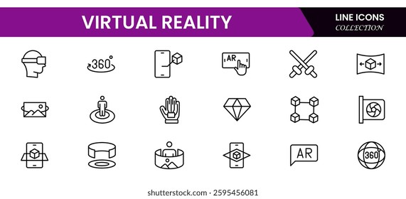 Virtual reality Icons vector illustrations with thin line contain headsets, immersive, avatar, augmented reality, controller, motion tracking, visualization, VR experience, projection.