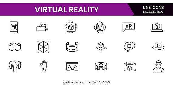 Virtual reality Icons vector illustrations with thin line contain headsets, immersive, avatar, augmented reality, controller, motion tracking, visualization, VR experience, projection.